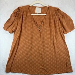 Johnny Was Archer Flare Blouse Swiss Dot Button Up Short Sleeve Top Brown Size M